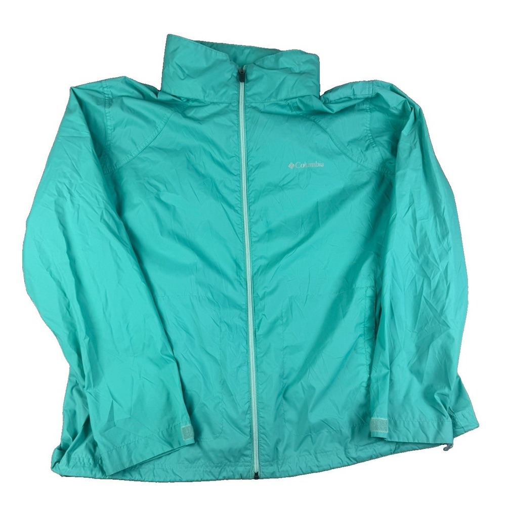 Columbia Womens 2X Rain Jacket Aqua Turquoise Hooded Lightweight Windbreaker